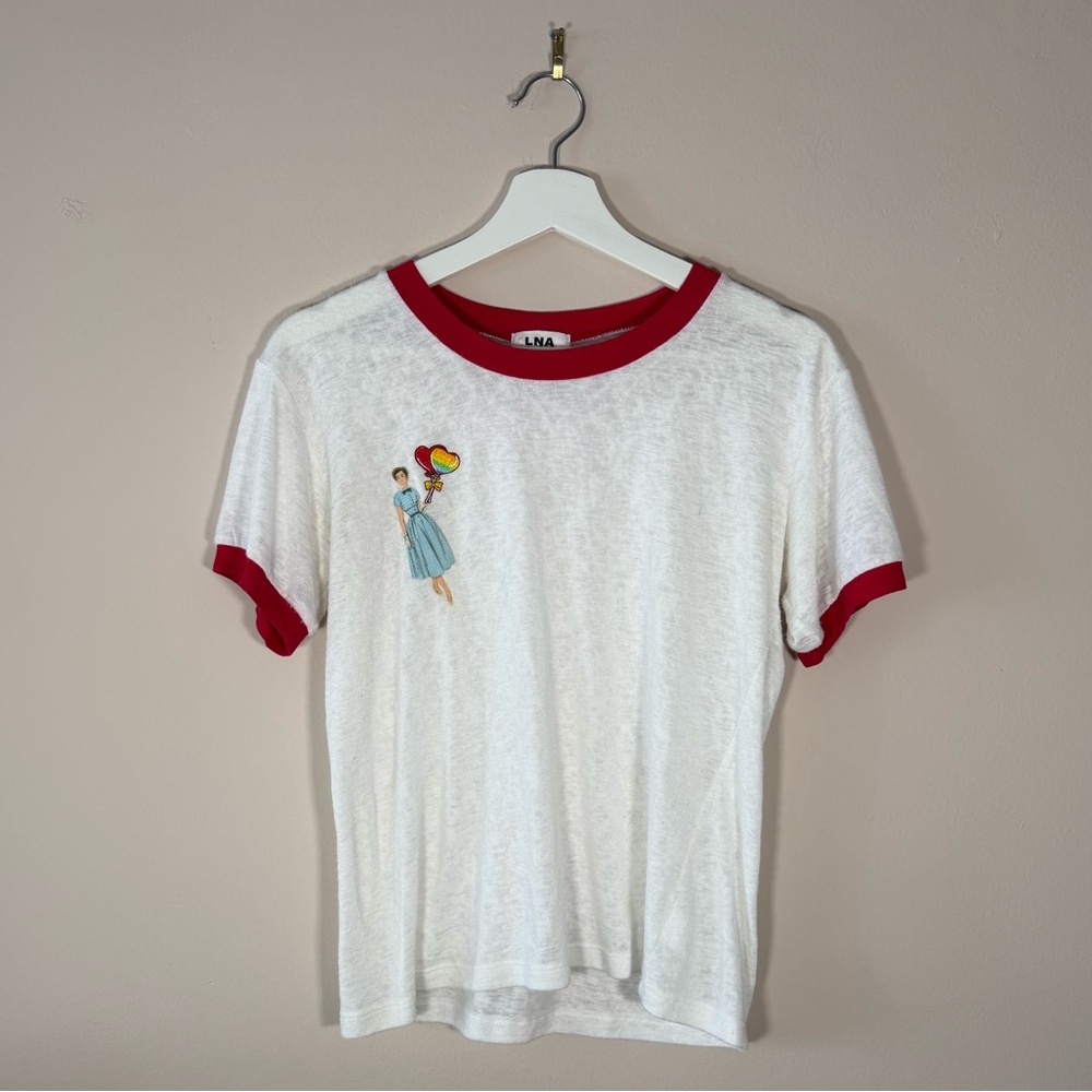 LNA White Ringer Tee with Red Trim and Balloon Graphic